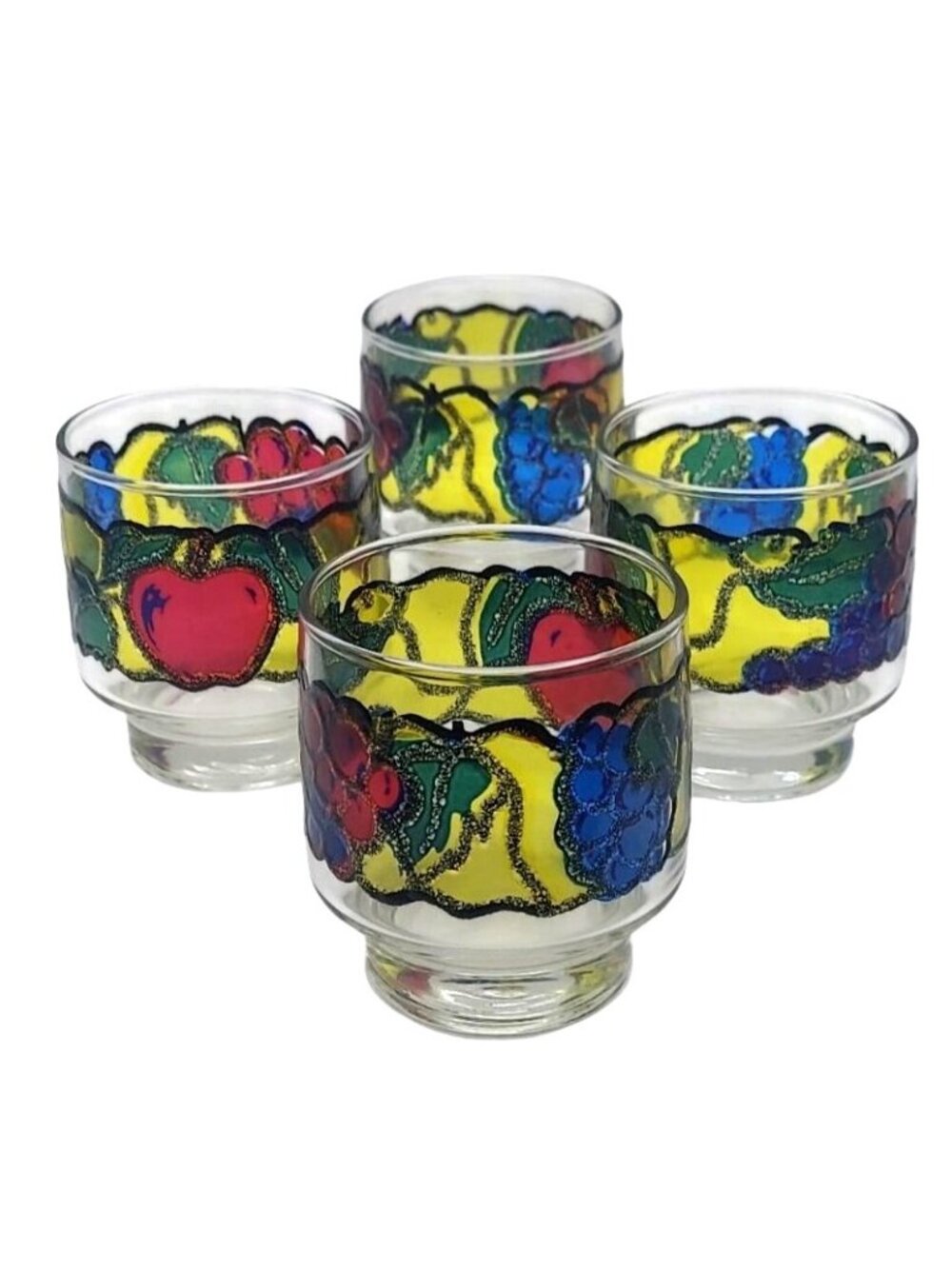 Vintage Libbey Stained Glass Fruit Frosted Stackable Rock Tumblers Set Of 4 - Picture 3 of 9